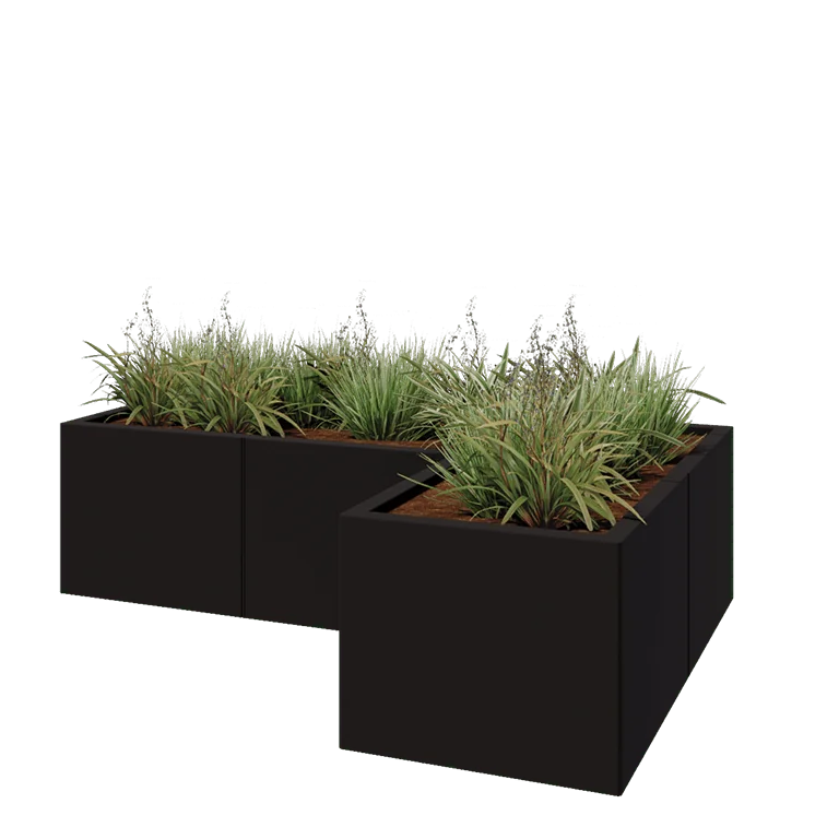 Jekleno korito za rože - L-oblikа - 150 x 100 x 40 cm - RAL9005 mat (črna) - Z dnoploščo