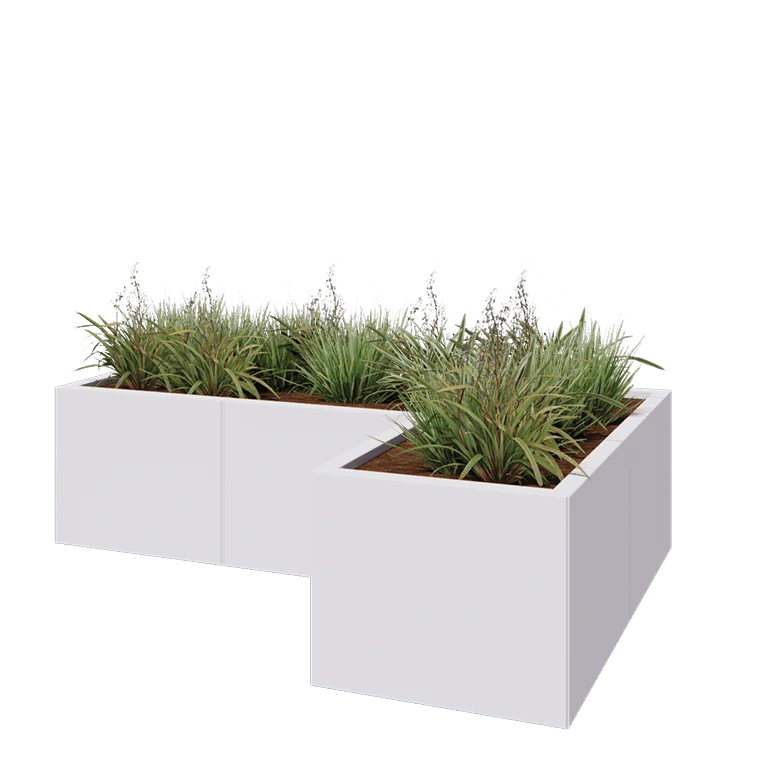 Jekleno korito za rože - L-oblikа - 150 x 100 x 40 cm - RAL9010 mat (bela) - Brez dnoplošče