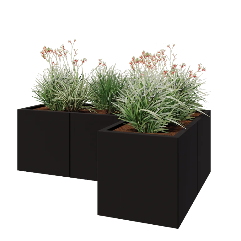 Jekleno korito za rože - L-oblikа - 150 x 100 x 50 cm - RAL9005 mat (črna) - Z dnoploščo
