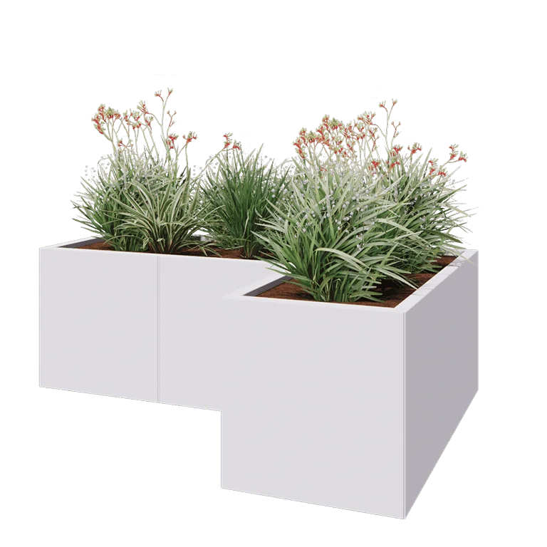 Jekleno korito za rože - L-oblikа - 150 x 100 x 50 cm - RAL9010 mat (bela) - Z dnoploščo