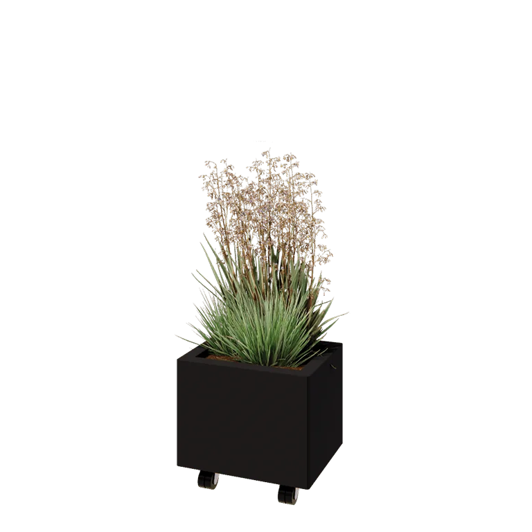 Jekleno korito za rože - Pravokotnik - 40 x 30 x 30 cm - RAL9005 mat (črna) - Z dnoploščo - S kolesi