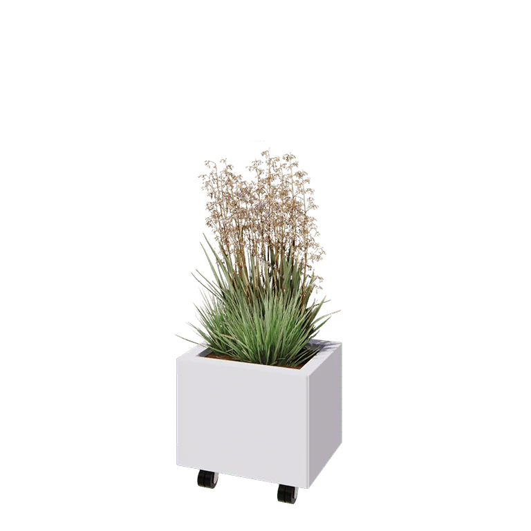 Jekleno korito za rože - Pravokotnik - 40 x 30 x 30 cm - RAL9010 mat (bela) - Z dnoploščo - S kolesi