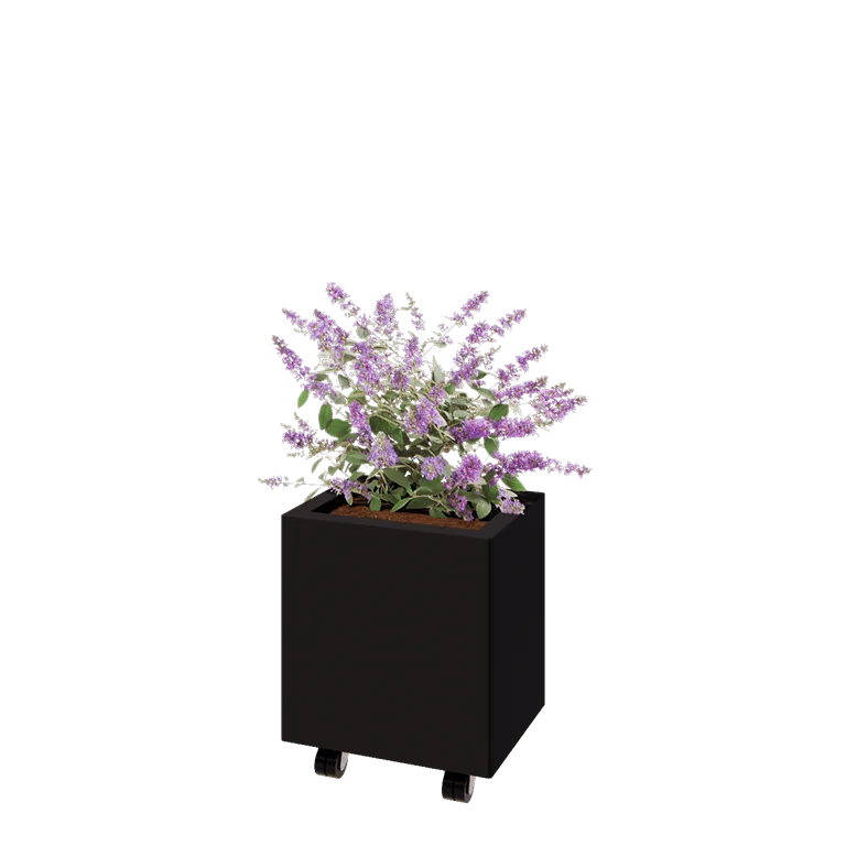 Jekleno korito za rože - Pravokotnik - 40 x 30 x 40 cm - RAL9005 mat (črna) - Z dnoploščo - S kolesi