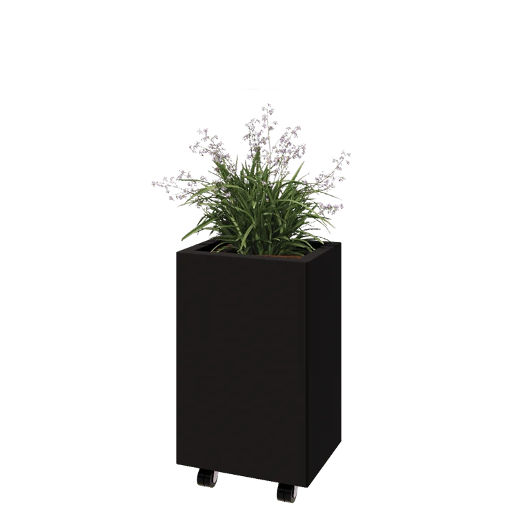 Jekleno korito za rože - Pravokotnik - 40 x 30 x 60 cm - RAL9005 mat (črna) - Z dnoploščo - S kolesi