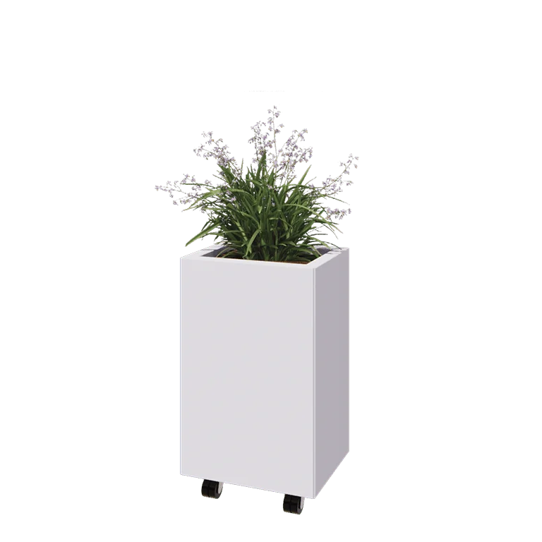 Jekleno korito za rože - Pravokotnik - 40 x 30 x 60 cm - RAL9010 mat (bela) - Z dnoploščo - S kolesi