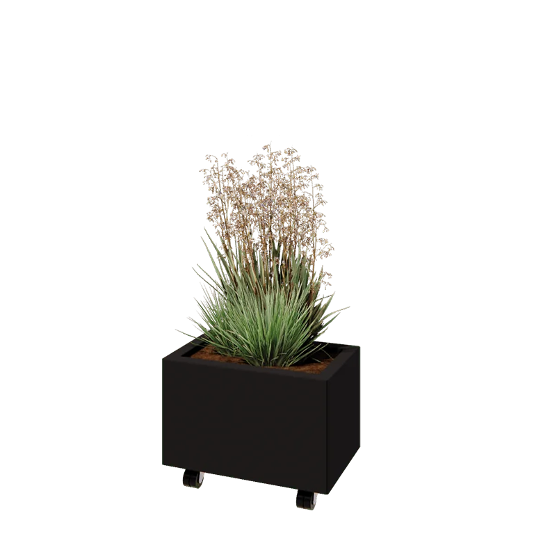 Jekleno korito za rože - Pravokotnik - 50 x 30 x 30 cm - RAL9005 mat (črna) - Z dnoploščo - S kolesi