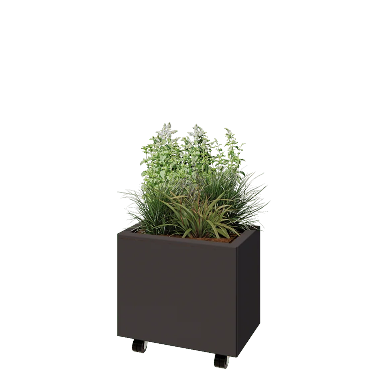 Jekleno korito za rože - Pravokotnik - 50 x 30 x 40 cm - Druga RAL barva - Z dnoploščo - S kolesi