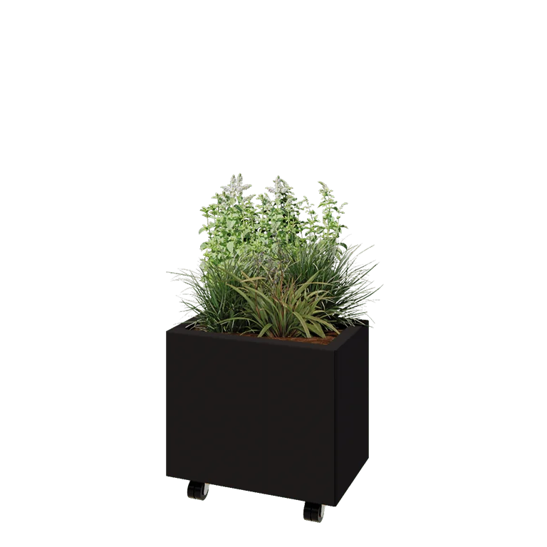 Jekleno korito za rože - Pravokotnik - 50 x 30 x 40 cm - RAL9005 mat (črna) - Z dnoploščo - S kolesi