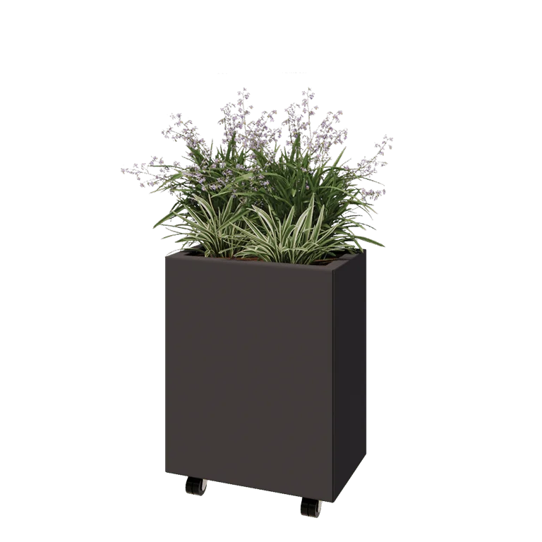 Jekleno korito za rože - Pravokotnik - 50 x 30 x 60 cm - Druga RAL barva - Z dnoploščo - S kolesi