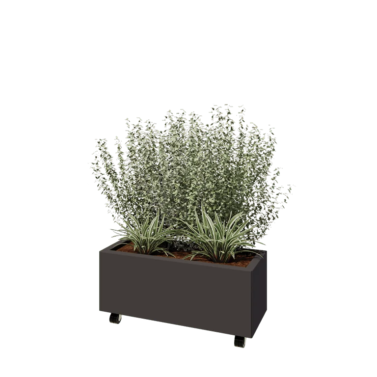 Jekleno korito za rože - Pravokotnik - 80 x 30 x 30 cm - Druga RAL barva - Z dnoploščo - S kolesi