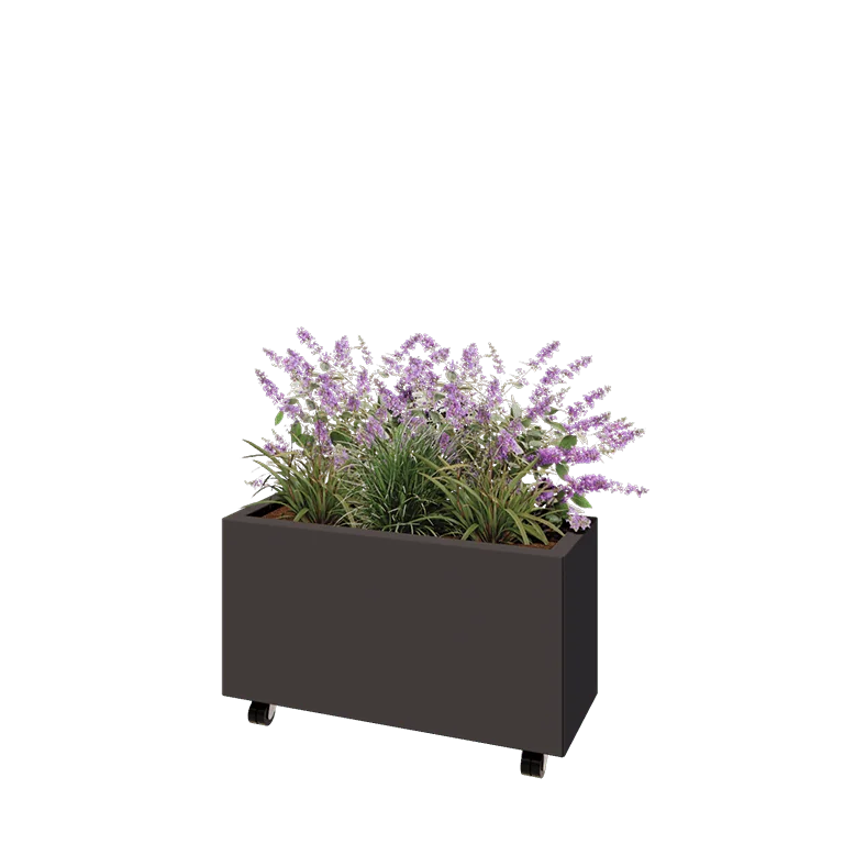 Jekleno korito za rože - Pravokotnik - 80 x 30 x 40 cm - Druga RAL barva - Z dnoploščo - S kolesi