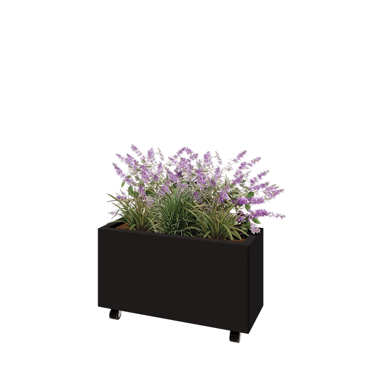Jekleno korito za rože - Pravokotnik - 80 x 30 x 40 cm - RAL9005 mat (črna) - Z dnoploščo - S kolesi
