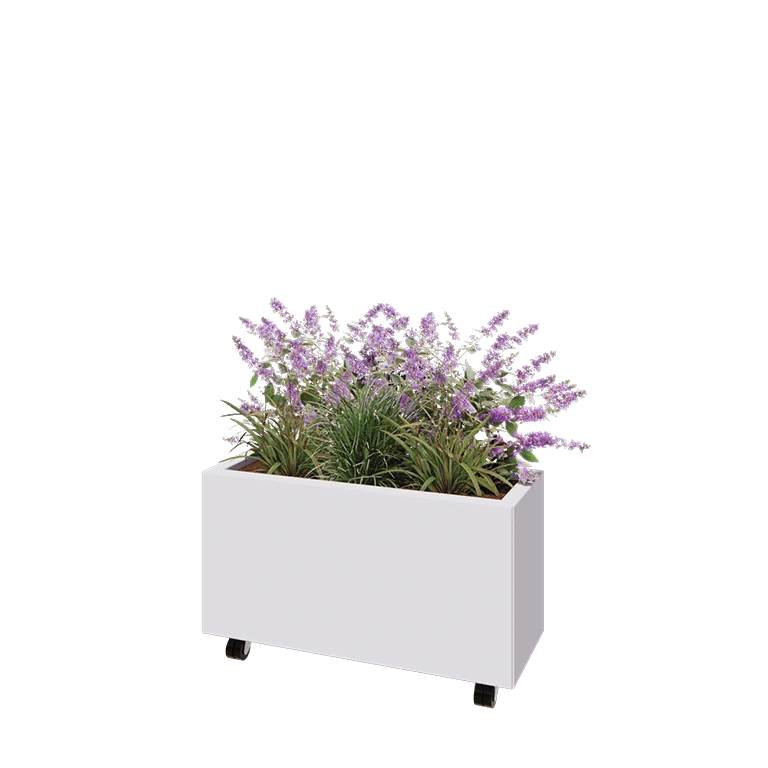 Jekleno korito za rože - Pravokotnik - 80 x 30 x 40 cm - RAL9010 mat (bela) - Z dnoploščo - S kolesi