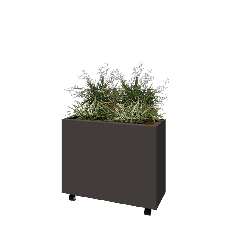 Jekleno korito za rože - Pravokotnik - 80 x 30 x 60 cm - Druga RAL barva - Z dnoploščo - S kolesi