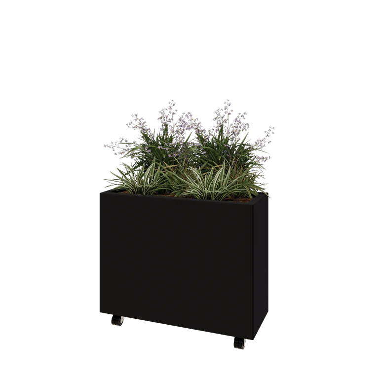 Jekleno korito za rože - Pravokotnik - 80 x 30 x 60 cm - RAL9005 mat (črna) - Z dnoploščo - S kolesi
