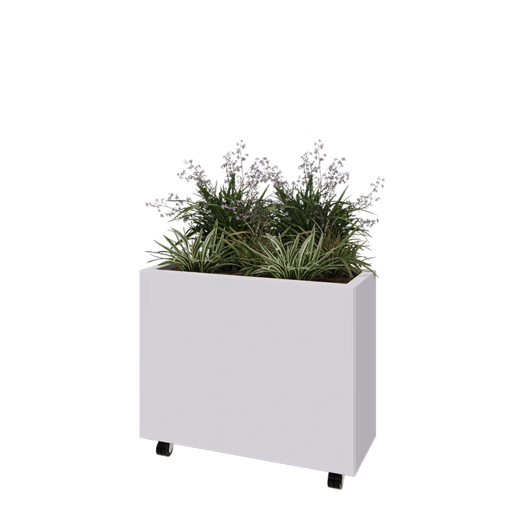 Jekleno korito za rože - Pravokotnik - 80 x 30 x 60 cm - RAL9010 mat (bela) - Z dnoploščo - S kolesi