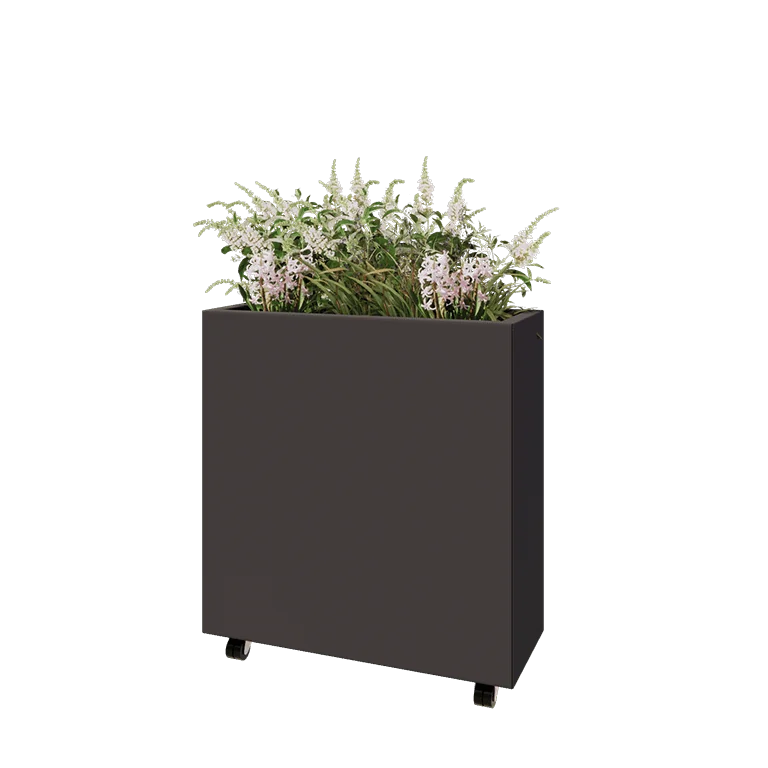 Jekleno korito za rože - Pravokotnik - 80 x 30 x 80 cm - Druga RAL barva - Z dnoploščo - S kolesi