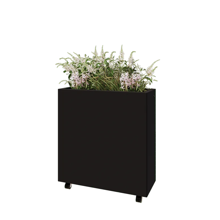 Jekleno korito za rože - Pravokotnik - 80 x 30 x 80 cm - RAL9005 mat (črna) - Z dnoploščo - S kolesi