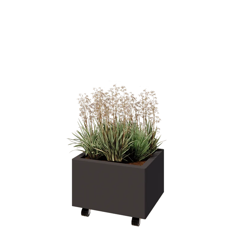 Jekleno korito za rože - Pravokotnik - 50 x 40 x 30 cm - Druga RAL barva - Z dnoploščo - S kolesi