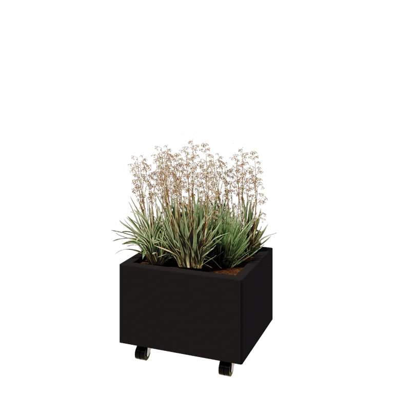 Jekleno korito za rože - Pravokotnik - 50 x 40 x 30 cm - RAL9005 mat (črna) - Z dnoploščo - S kolesi