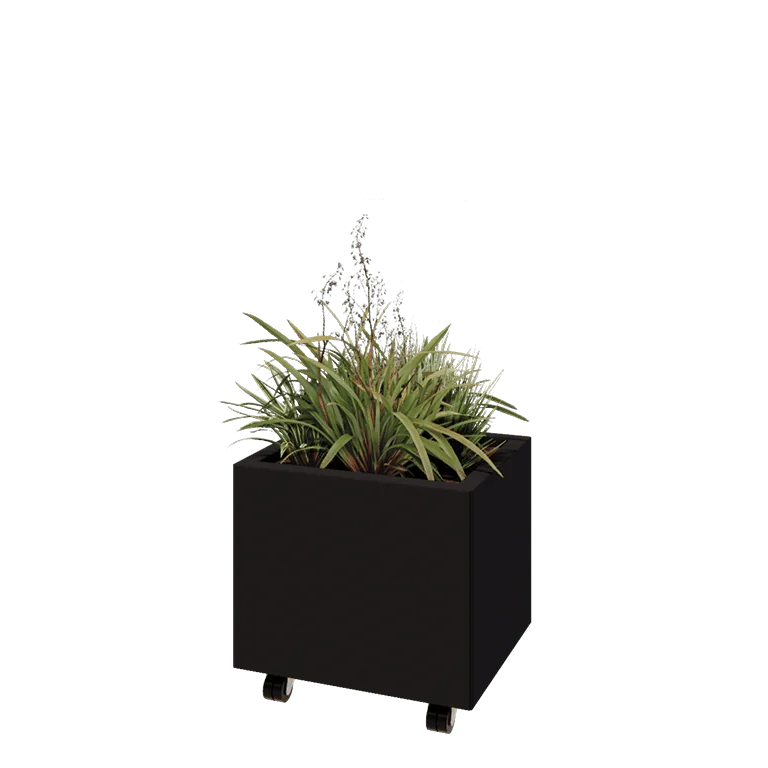 Jekleno korito za rože - Pravokotnik - 50 x 40 x 40 cm - RAL9005 mat (črna) - Z dnoploščo - S kolesi