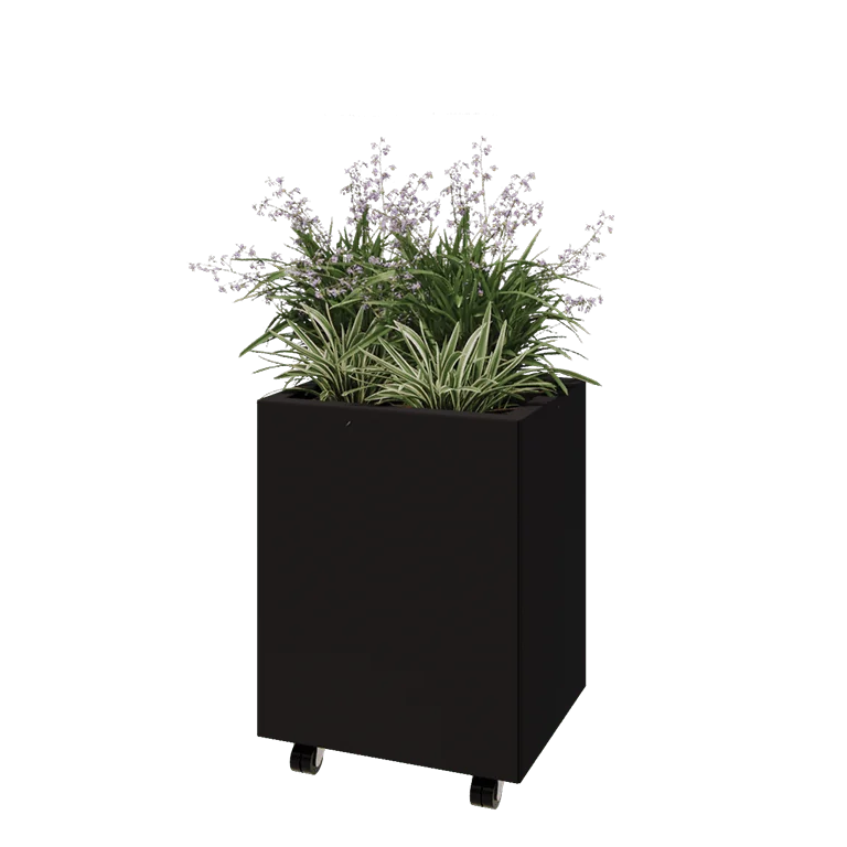 Jekleno korito za rože - Pravokotnik - 50 x 40 x 60 cm - RAL9005 mat (črna) - Z dnoploščo - S kolesi