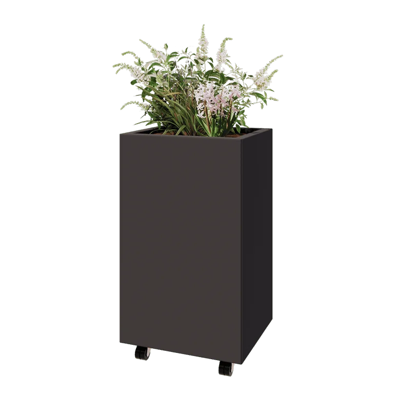Jekleno korito za rože - Pravokotnik - 50 x 40 x 80 cm - Druga RAL barva - Z dnoploščo - S kolesi